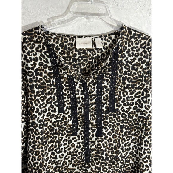 Chicos Leopard Cheetah Brown Black Sz 1 Split Neckline Roll Tab Woman’s Blouse - Picture 1 of 9